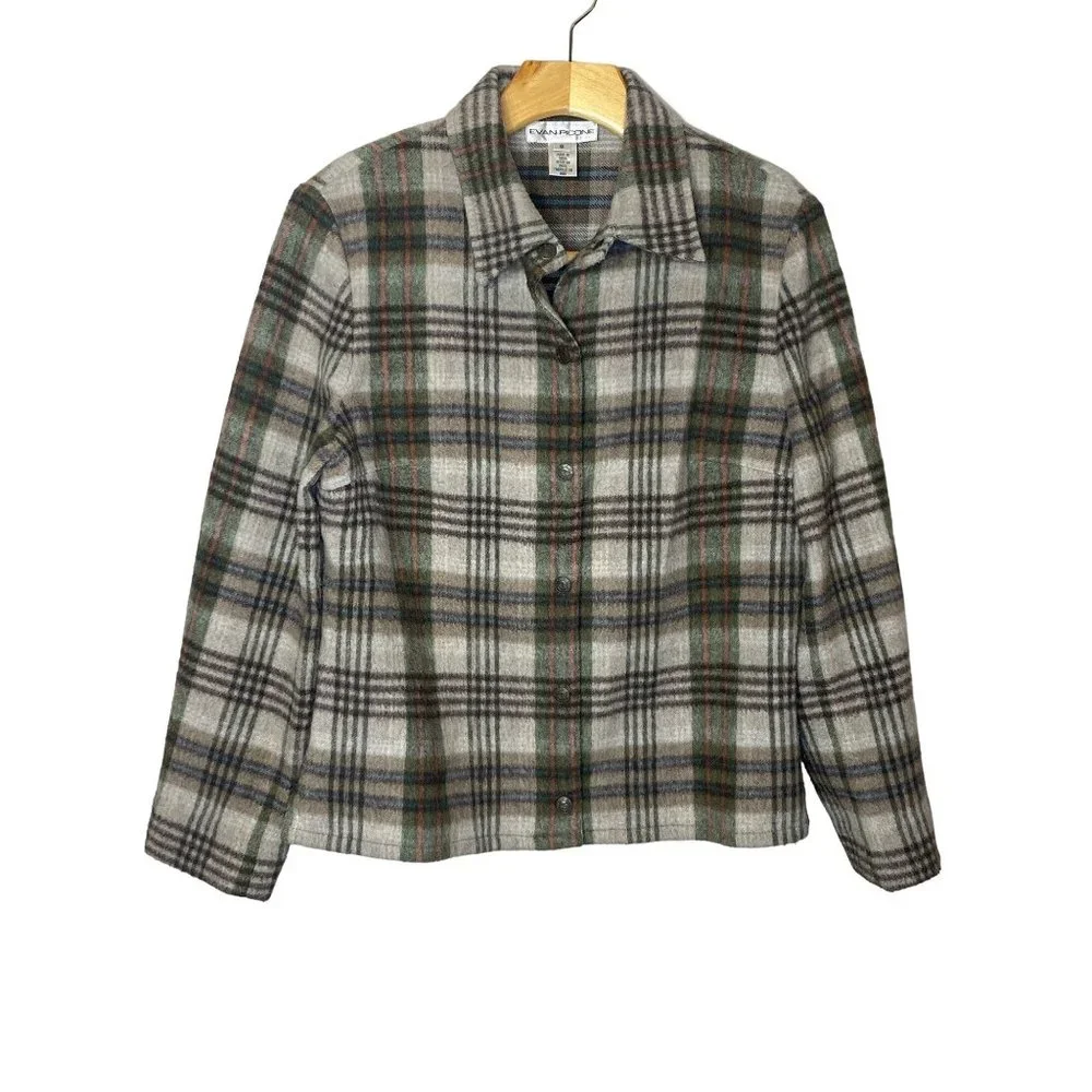 Evan Picone Vintage Wool Blend Field Shirt Petite* Medium 8 Plaid Green Tan - Picture 1 of 8